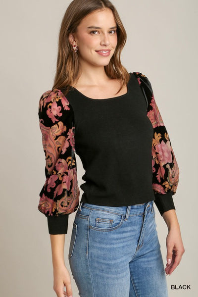 Floral Velvet Burnout Contrast Balloon Sleeve