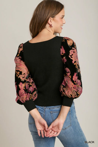 Floral Velvet Burnout Contrast Balloon Sleeve