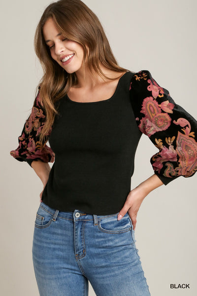 Floral Velvet Burnout Contrast Balloon Sleeve
