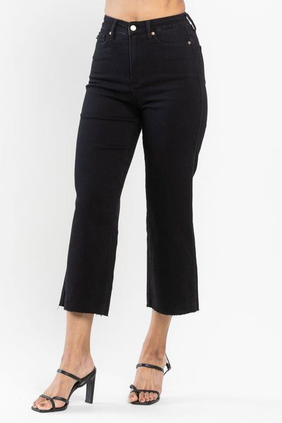 High Rise Tummy Control Raw Hem Crop Wide Leg Black Jeans -Judy Blue