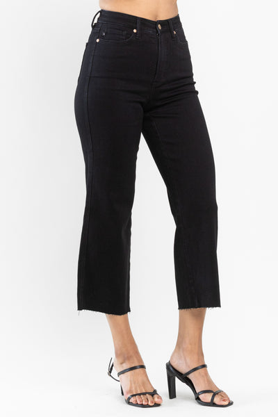 High Rise Tummy Control Raw Hem Crop Wide Leg Black Jeans -Judy Blue