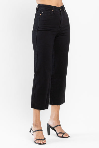 High Rise Tummy Control Raw Hem Crop Wide Leg Black Jeans -Judy Blue