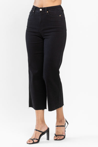 High Rise Tummy Control Raw Hem Crop Wide Leg Black Jeans -Judy Blue