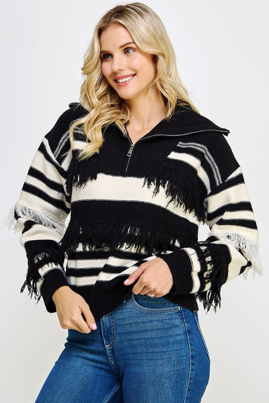 Black and White Fringe Sweater