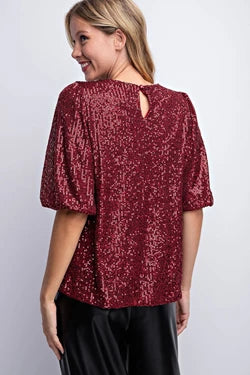 Half Balloon Sleeve Sequin Top - Multiple Colors