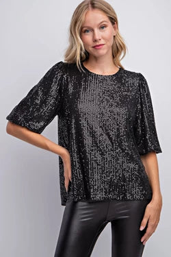 Half Balloon Sleeve Sequin Top - Multiple Colors