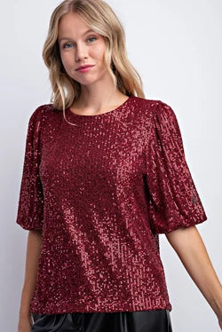 Half Balloon Sleeve Sequin Top - Multiple Colors