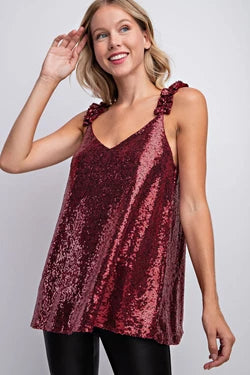 V Neck Ruffle Strap Sequin Holiday Tank