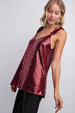 V Neck Ruffle Strap Sequin Holiday Tank