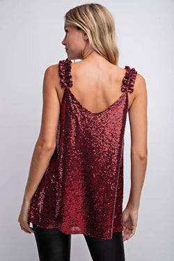 V Neck Ruffle Strap Sequin Holiday Tank