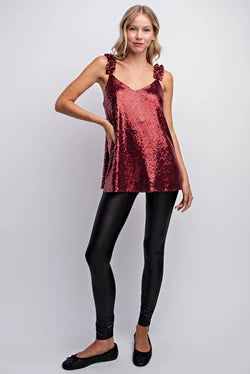 V Neck Ruffle Strap Sequin Holiday Tank