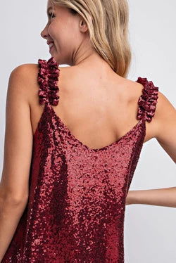 V Neck Ruffle Strap Sequin Holiday Tank