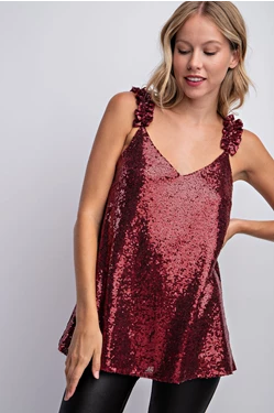 V Neck Ruffle Strap Sequin Holiday Tank