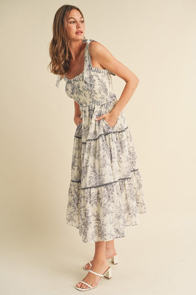 Off White Charcoal Tiered Lace Trim Dress