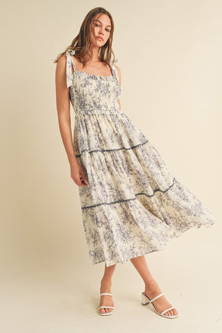 Off White Charcoal Tiered Lace Trim Dress