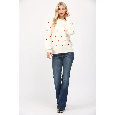 Embroidered Heart Crew Neck Sweater