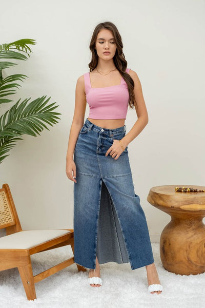 Solid Square Neck Cropped Knit Tank