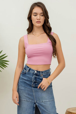 Solid Square Neck Cropped Knit Tank