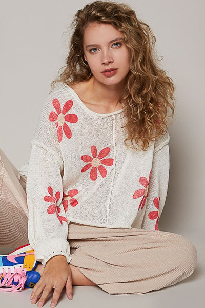 Round Neck Balloon Sleeve Floral Print Sweater