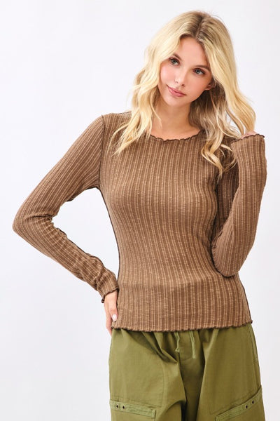 Lettuce Hem Long Sleeve Ribbed Knit Sweater Top