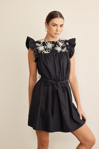Floral Embroidery Contrast Belted Dress
