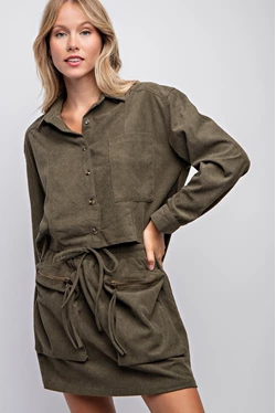 Drop Shoulder Corduroy Cropped Shirt