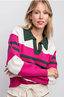 Magenta Combo Color Block Polo Sweater