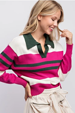 Magenta Combo Color Block Polo Sweater
