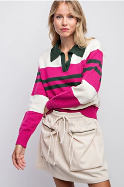 Magenta Combo Color Block Polo Sweater