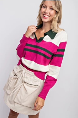 Magenta Combo Color Block Polo Sweater