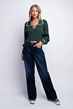 Collared V-Neck Polo Sweater - Multiple Colors