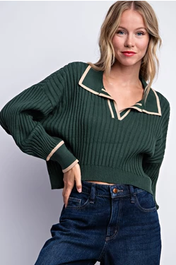 Collared V-Neck Polo Sweater - Multiple Colors