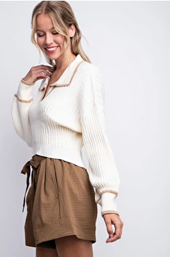 Collared V-Neck Polo Sweater - Multiple Colors