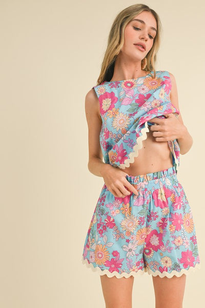Floral Print Ric Rac Trim Two Piece Set