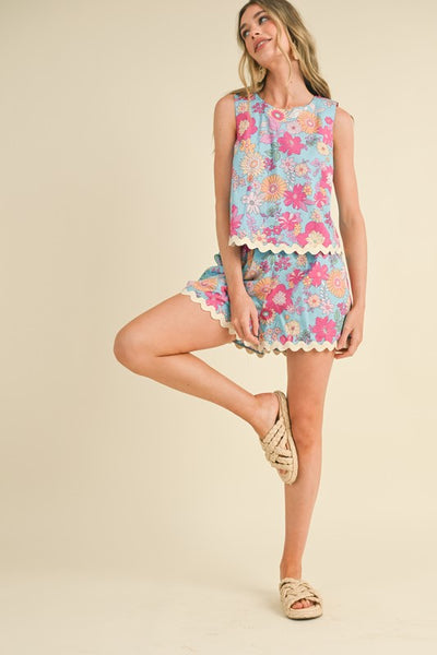 Floral Print Ric Rac Trim Two Piece Set