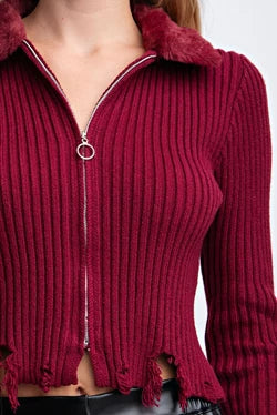 Faux Fur Collar Ribbed Sweater Top