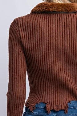 Faux Fur Collar Ribbed Sweater Top
