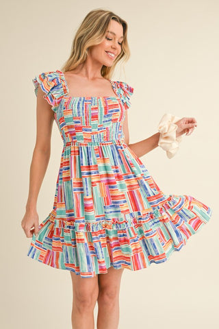 Multi Color Striped Flutter Sleeve Dress