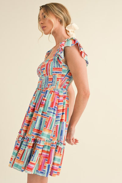 Multi Color Striped Flutter Sleeve Dress