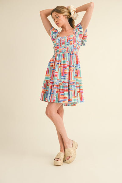 Multi Color Striped Flutter Sleeve Dress