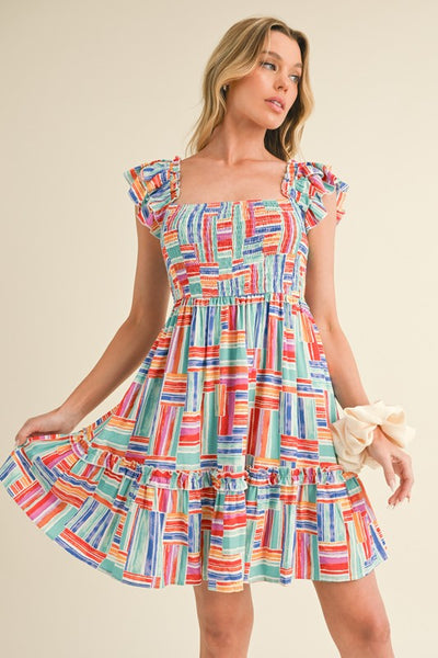 Multi Color Striped Flutter Sleeve Dress