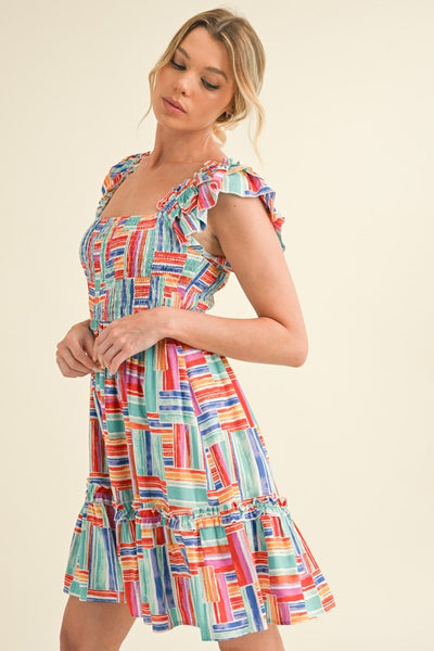 Multi Color Striped Flutter Sleeve Dress