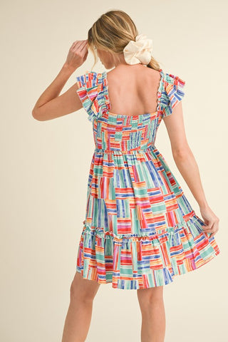 Multi Color Striped Flutter Sleeve Dress