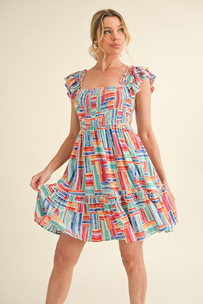 Multi Color Striped Flutter Sleeve Dress