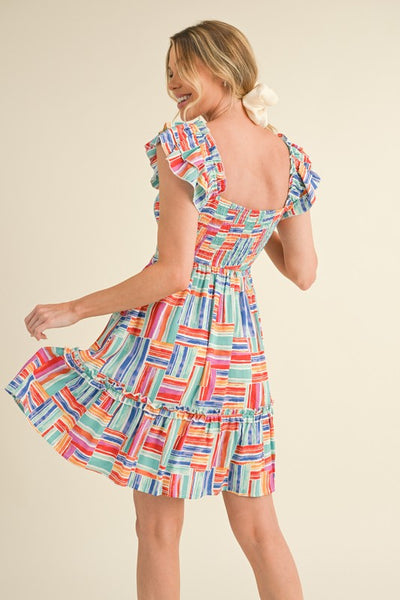 Multi Color Striped Flutter Sleeve Dress
