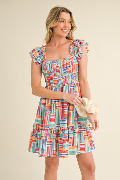 Multi Color Striped Flutter Sleeve Dress