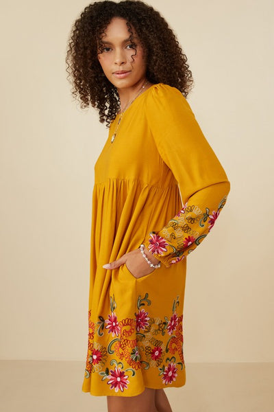 Fall Floral Mustard Embroidered Dress