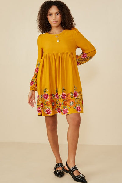 Fall Floral Mustard Embroidered Dress