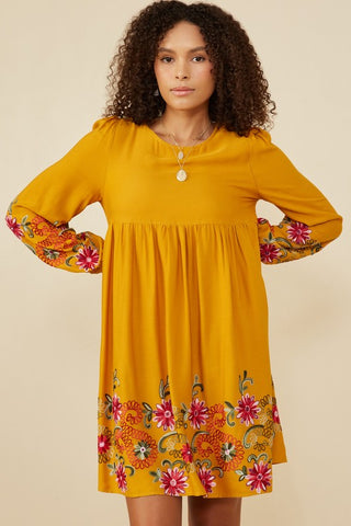 Fall Floral Mustard Embroidered Dress