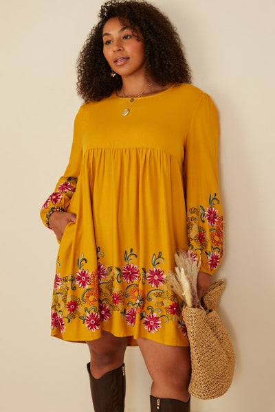 Fall Floral Mustard Embroidered Dress